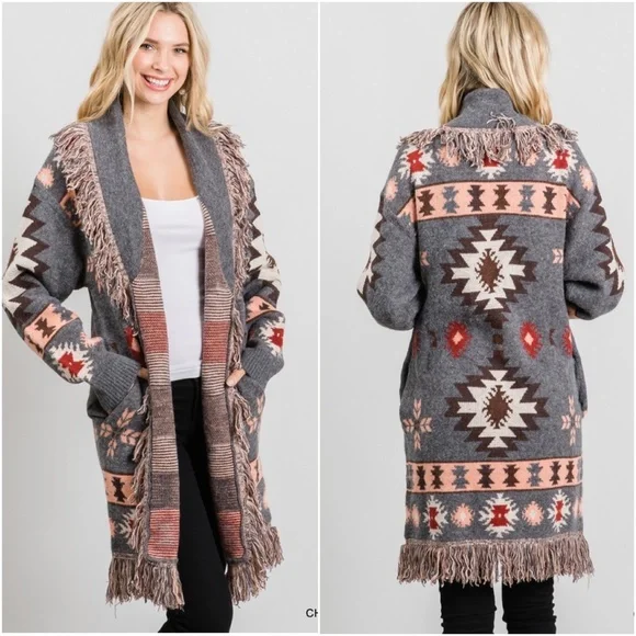 #18 Cozy Tribal Aztec Print Fringe Western Open Front Cardigan - Picture 2 of 2